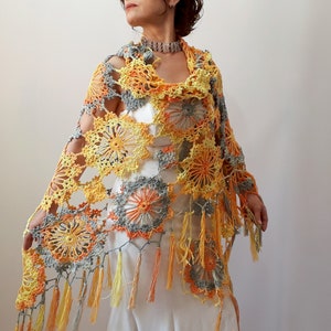 Yellow gray boho shawl, lacy evening wrap, handmade fringed scarf
