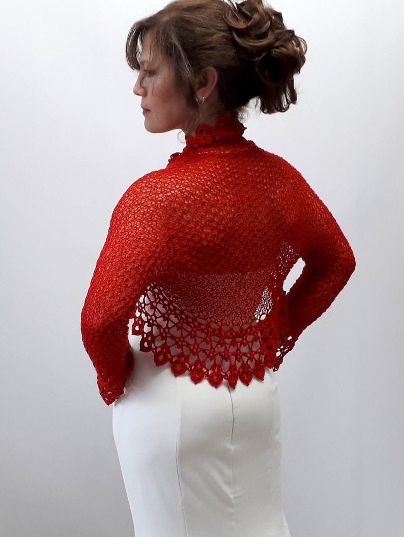 knit shrug Red bolero shrug evening jacket wedding shrug long sleeve lace sweater gift fast shipping crochet bolero XS-4X lacy top