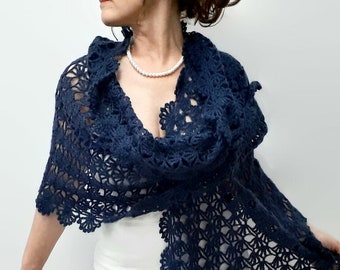 Navy blue mohair evening shawl, lacy rectangle scarf, handmade lace wrap