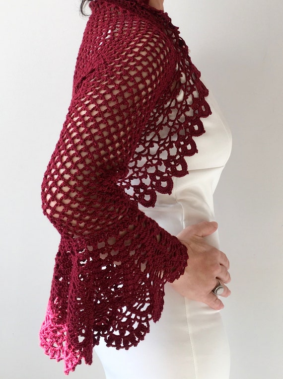 Avond de bolero, zomer jas, Bell mouw trui, gehaakte wijn Cardigan, bordo, Bordeaux Lace top, bruiloft Bolero, XS 4XL, snelle verzending Avond de bolero, zomer jas, Bell mouw trui, gehaakte wijn Cardigan, bordo, Bordeaux Lace top, bruiloft Bolero, XS 4XL, snelle verzending
