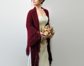 Burgundy shawl, wedding wrap, wine bridal scarf, fall winter wedding, bridesmaid gift, evening cover up, fringed, warm,  mohair, fuzzy