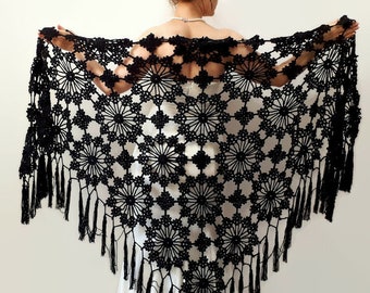 Black boho summer shawl, lacy evening wrap, handmade fringed scarf