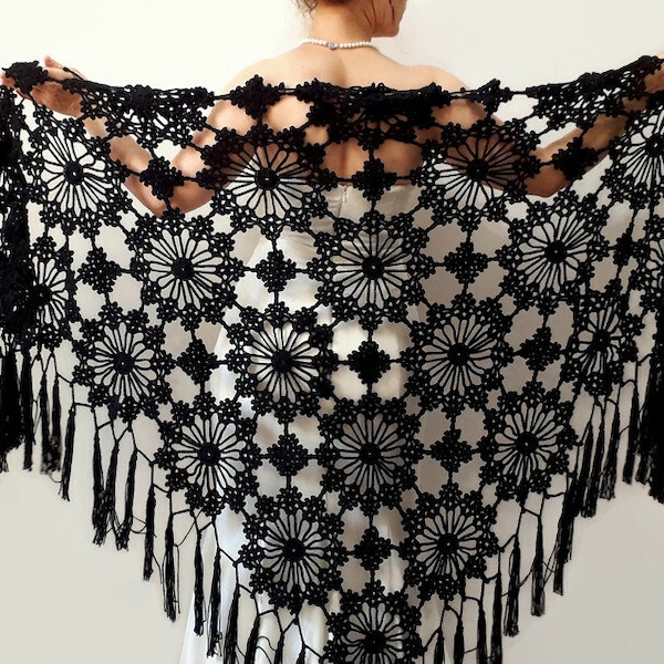 Black cotton shawl, lacy evening scarf, gift for her, boho summer shawl, bridal wedding wrap, mother of the bride, crochet lace cover up