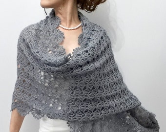 Gray shawl, mohair evening stole, bridal wedding shawl, mother of the bride wrap, lacy bridesmaid gift, crochet lace scarf, handmade