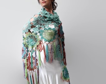 Multicolor cotton boho shawl, fringed lacy wrap, crochet triangle scarf, turquoise blue cover up