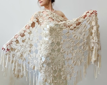Bone colored boho shawl, lacy evening wrap, handmade fringed scarf