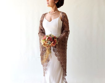 Taupe brown shawl, mocha wedding wrap, lace evening scarf, mohair cover up, fall winter wedding, gift for her, lacy bridal shawl