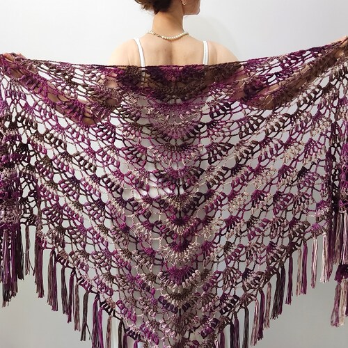 Plum shawl, purple boho wrap, aubergine cover up, crochet multicolor shawl, gift for her, bridal, shops wedding, vegan, fringed, large, READY