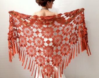 Terracotta colored cotton shawl, fringed lacy evening wrap, bridal wedding cover up