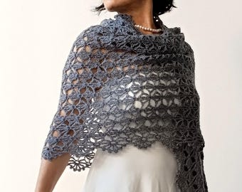 Chal de noche de mohair gris, bufanda rectangular de encaje, chal de encaje hecho a mano