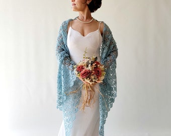 Aqua blue mohair shawl, lacy bridal wedding wrap, handmade lace cover up