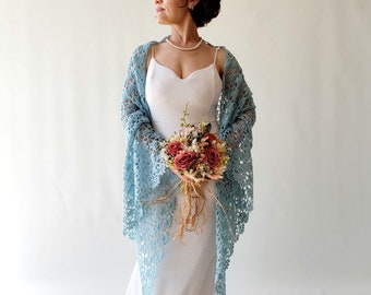 Light aqua blue shawl, pale blue wrap, bridal wedding shawl, lace evening scarf, fall winter wedding, gift for her, crochet lacy wrap