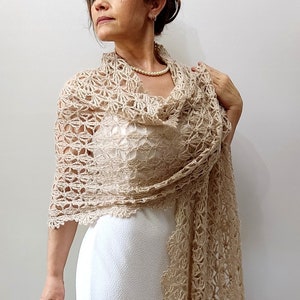 Champagne mohair shawl, beige evening stole, bridal wedding shawl, mother of the bride wrap, lacy bridesmaid gift, crochet lace scarf