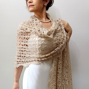 Champagne mohair shawl, beige evening stole, bridal wedding shawl, mother of the bride wrap, lacy bridesmaid gift, crochet lace scarf