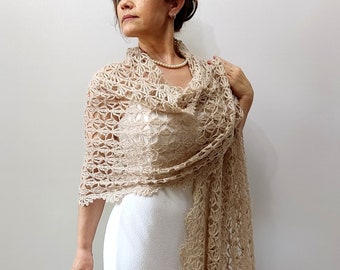 Champagne mohair evening shawl, beige lacy rectangle scarf, handmade lace wrap