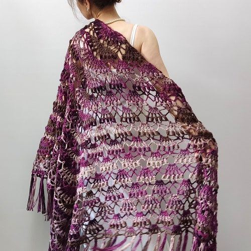 Plum shawl, purple boho wrap, aubergine cover up, crochet multicolor shawl, gift for her, bridal, shops wedding, vegan, fringed, large, READY