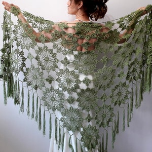 Apple green shawl, cotton evening scarf, bridal wedding wrap, summer cover up, gift for her, fringed boho shawl, crochet lacy wrap, handmade