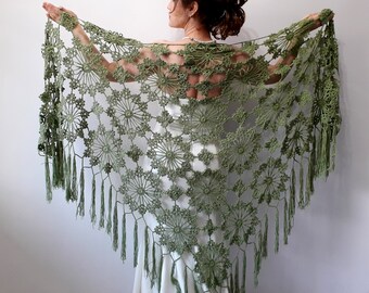 Apple green cotton shawl, lacy evening scarf, bridal wedding wrap, summer cover up