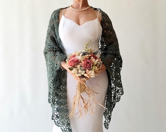 Dark sage mohair shawl, green bridal wedding wrap, handmade lace cover up