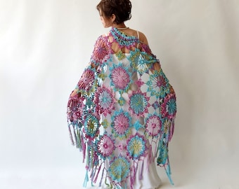 Roze katoenen sjaal, blauwe avondsjaal, boho wrap met franjes, bruidsbruiloftsjaal, cadeau voor haar, veelkleurige sjaal, gehaakte kanten cover-up