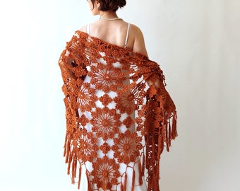 Burnt orange boho shawl, rust lacy evening wrap, handmade fringed scarf