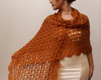 Burnt orange shawl, rust evening stole, bridal wedding shawl, mother of the bride wrap, lacy bridesmaid gift, crochet lace scarf, mohair
