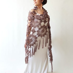 Taupe brown shawl, mocha boho wrap, cotton evening scarf, bridal wedding shawl, gift for her, fringed cover up, lacy summer wrap
