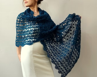 Evening shawl, teal blue wrap, crochet lace scarf, mohair stole, bridal shawl, rectangular, bridesmaid gift, fall winter wedding,  bride
