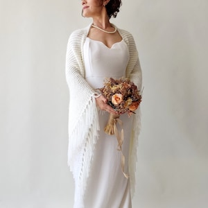 Ivory Mohair Wedding Shawl: Fuzzy Bridal Wrap with Fringe