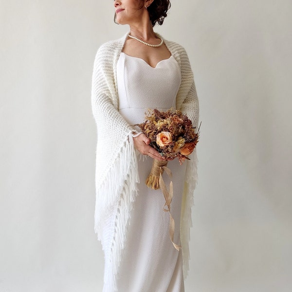 Wedding shawl, bridal cover up, warm winter wrap, ivory bridesmaid gift, fringed wool, mohair evening stole, triangular shawl, fast shipping
