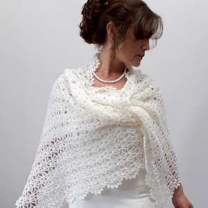 Cream mohair shawl, bridal wedding shawl, ivory evening stole, mother of the bride wrap, lacy bridesmaid gift, crochet lace scarf, handmade