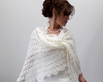 Wedding shawl, ivory bridal wrap, crochet lace scarf, cream wool stole, mohair, rectangular, bridesmaid gift, fall winter wedding, oversized