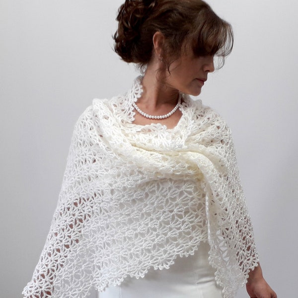 Wedding shawl, ivory bridal wrap, crochet lace scarf, cream wool stole, mohair, rectangular, bridesmaid gift, fall winter wedding, oversized