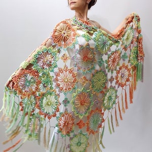 Multicolor pastel colored shawl, lacy boho evening wrap, handmade fringed scarf