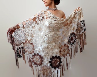 Cream cotton shawl, ivory evening scarf, fringed boho wrap, bridal wedding shawl