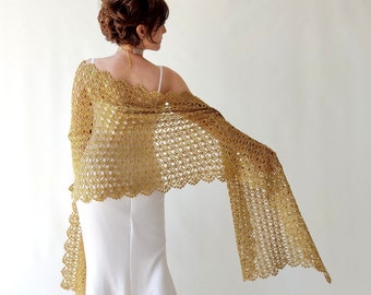 Chal de noche metálico dorado, bufanda brillante hecha a mano, chal rectangular de ganchillo