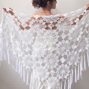 White cotton shawl, lace evening scarf, bridal wedding wrap, gift for her, fringed summer shawl, crochet triangular cover up, handmade wrap