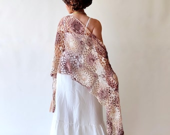 Beige brown cotton shawl, boho fringed evening wrap