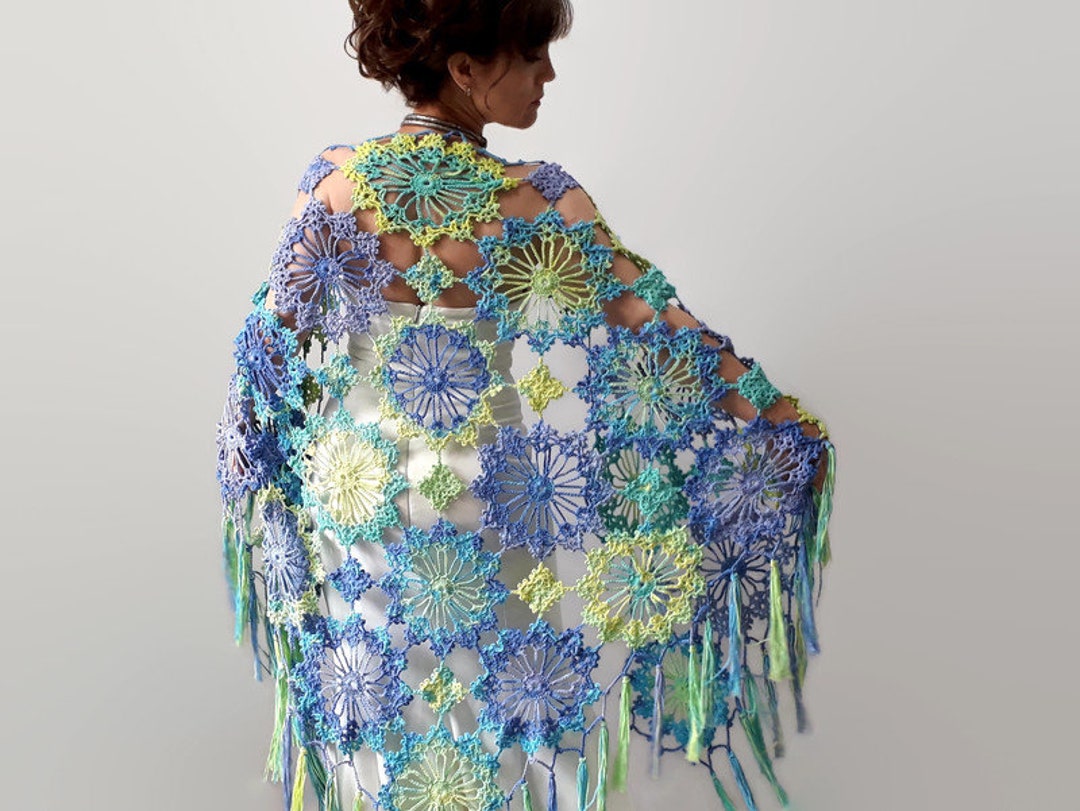 Women Shawl Crochet Blue Yarn