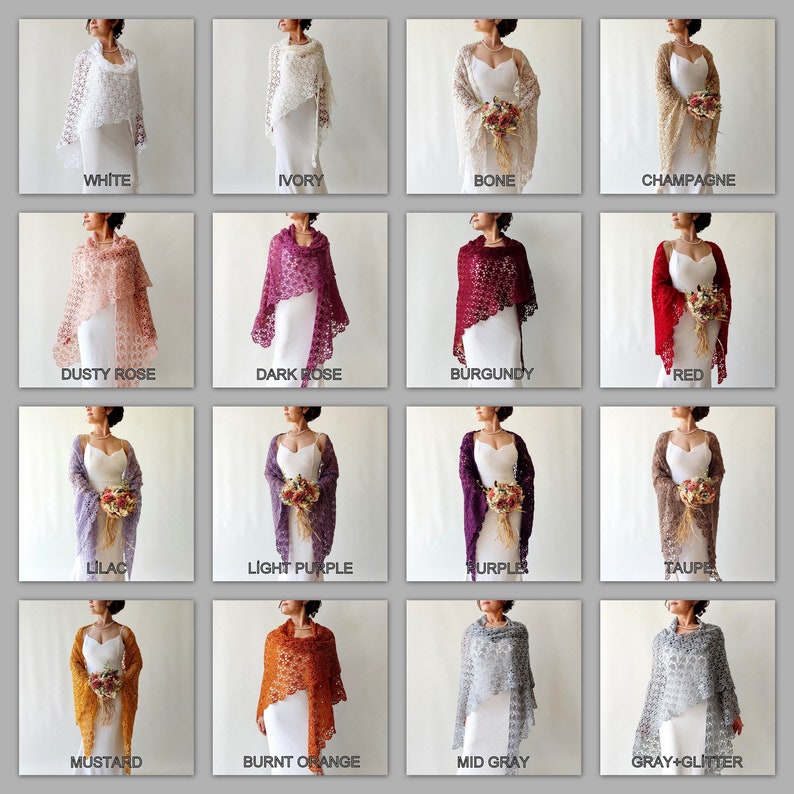 May include: A collection of 16 lace shawls in various colors, including white, ivory, bone, champagne, dusty rose, dark rose, burgundy, red, lilac, light purple, purple, taupe, mustard, burnt orange, mid gray, and gray with glitter. The shawls are draped over mannequins wearing white dresses.
