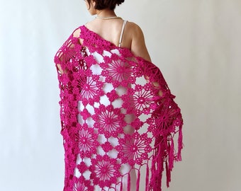 Chal de algodón rosa intenso, chal de noche fucsia, bufanda de verano bohemia con flecos, regalo para ella