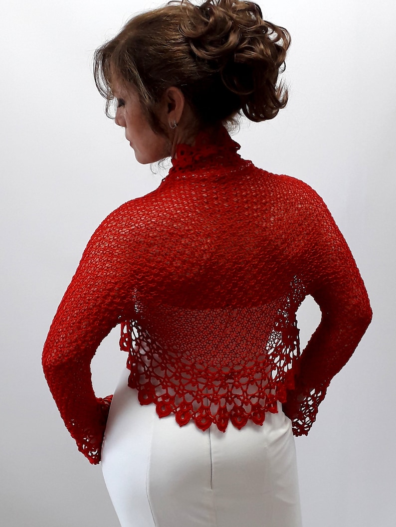 knit shrug Red bolero shrug evening jacket wedding shrug long sleeve lace sweater gift fast shipping crochet bolero XS-4X lacy top