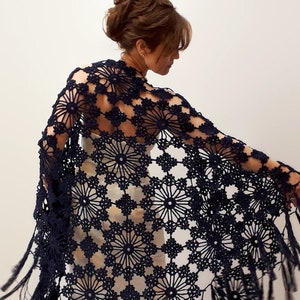 Crochet shawl, navy blue bridal wrap, fringed wedding cover up, cotton summer shawl, evening, gift, triangular, motif, fast shipping