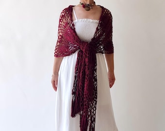 Châle de soirée en coton bordeaux, écharpe d'été bohème, écharpe rectangulaire à franges
