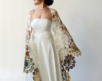 Ivory green mohair evening shawl, bridal wedding wrap, handmade lace scarf