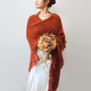Burnt Orange mohair evening shawl, rust bridal wedding wrap, handmade wool scarf image 3