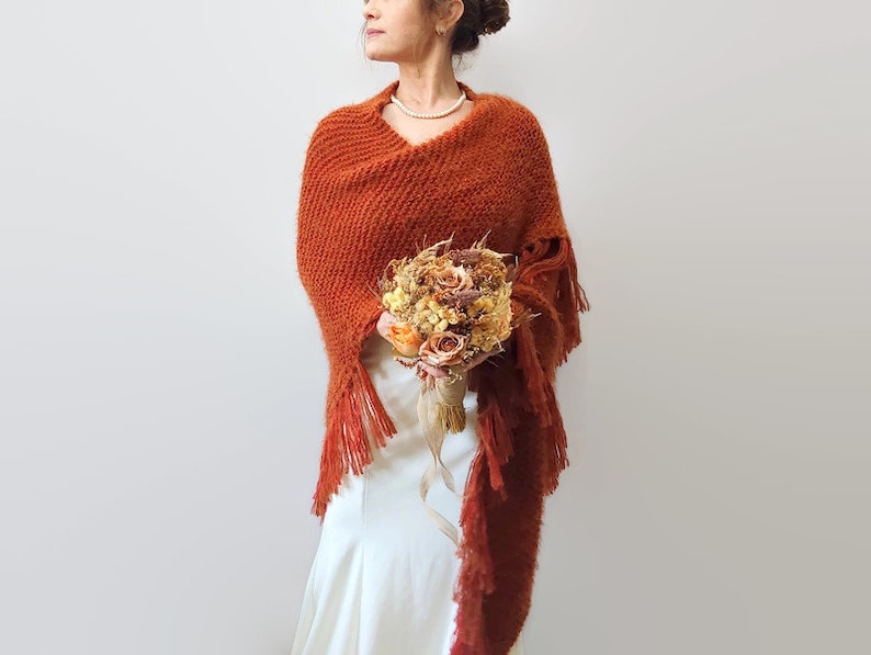 Burnt Orange mohair evening shawl, rust bridal wedding wrap, handmade wool scarf image 3