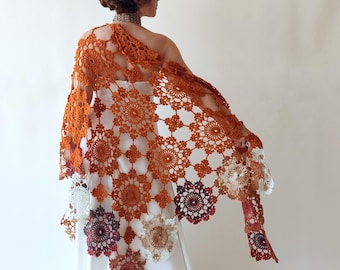 Burnt Orange mohair evening shawl, rust bridal wedding wrap, handmade lace scarf