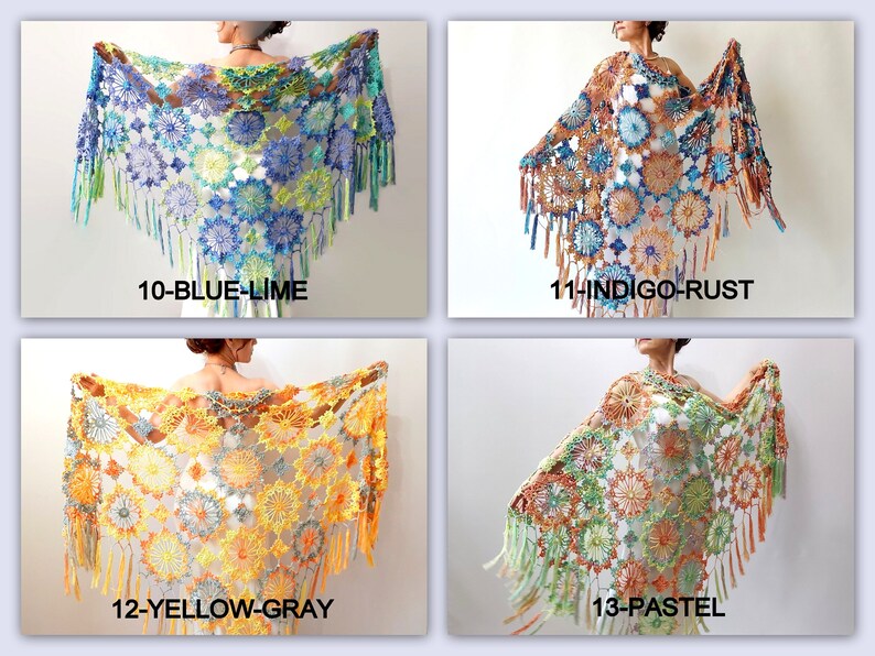 Blue boho shawl, lacy evening wrap, handmade fringed scarf image 9