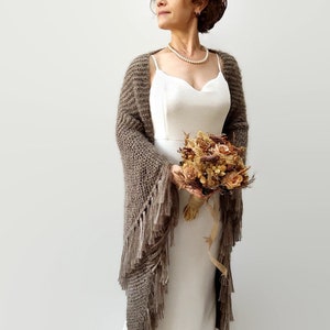 Brown shawl, taupe evening wrap, fall winter wedding, fuzzy bridesmaid gift, mother of bride, bridal, fringed scarf, warm wool cover up